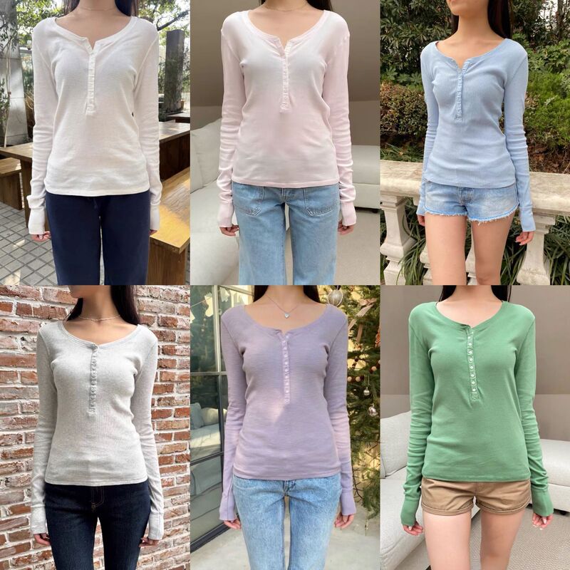 BM style new American retro henley collar nine-button long-sleeve T-shirt for women, bm ribbed slim-fit top