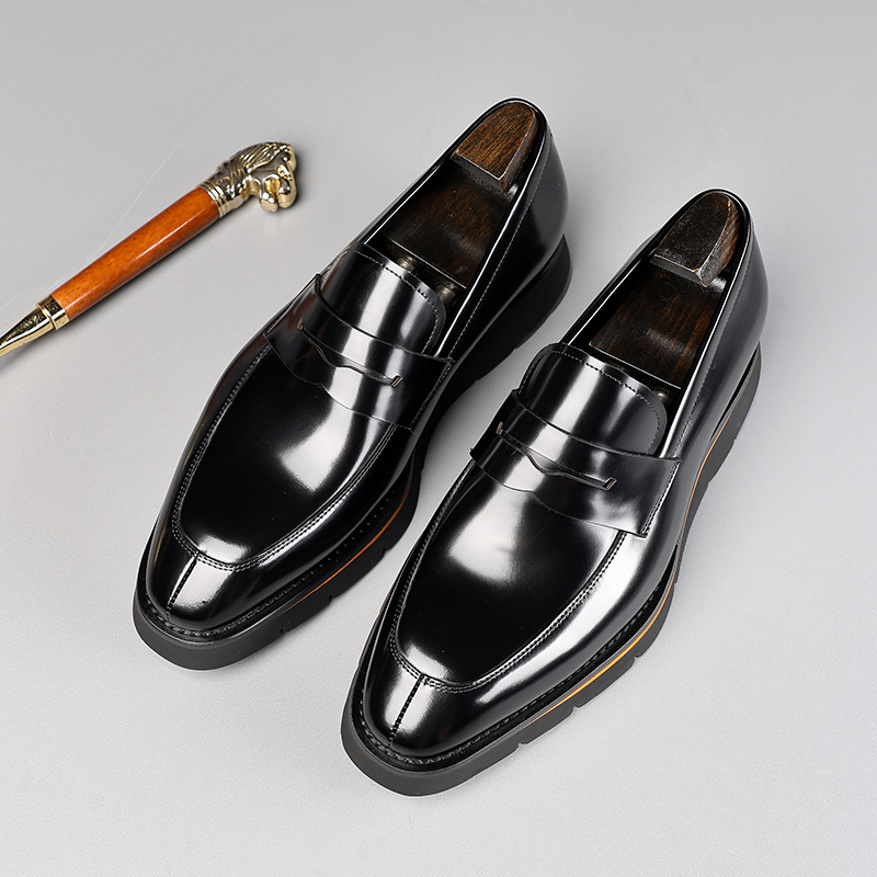 英伦风商务皮鞋开边珠乐福鞋真皮一脚蹬小方头绅士亮面漆皮手工鞋