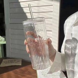 Large-Capacity Straw Glass Water Cup Coffee Cup Ins Household Beverage Juice Cup High Borosilicate Drinking Cup Mengyu