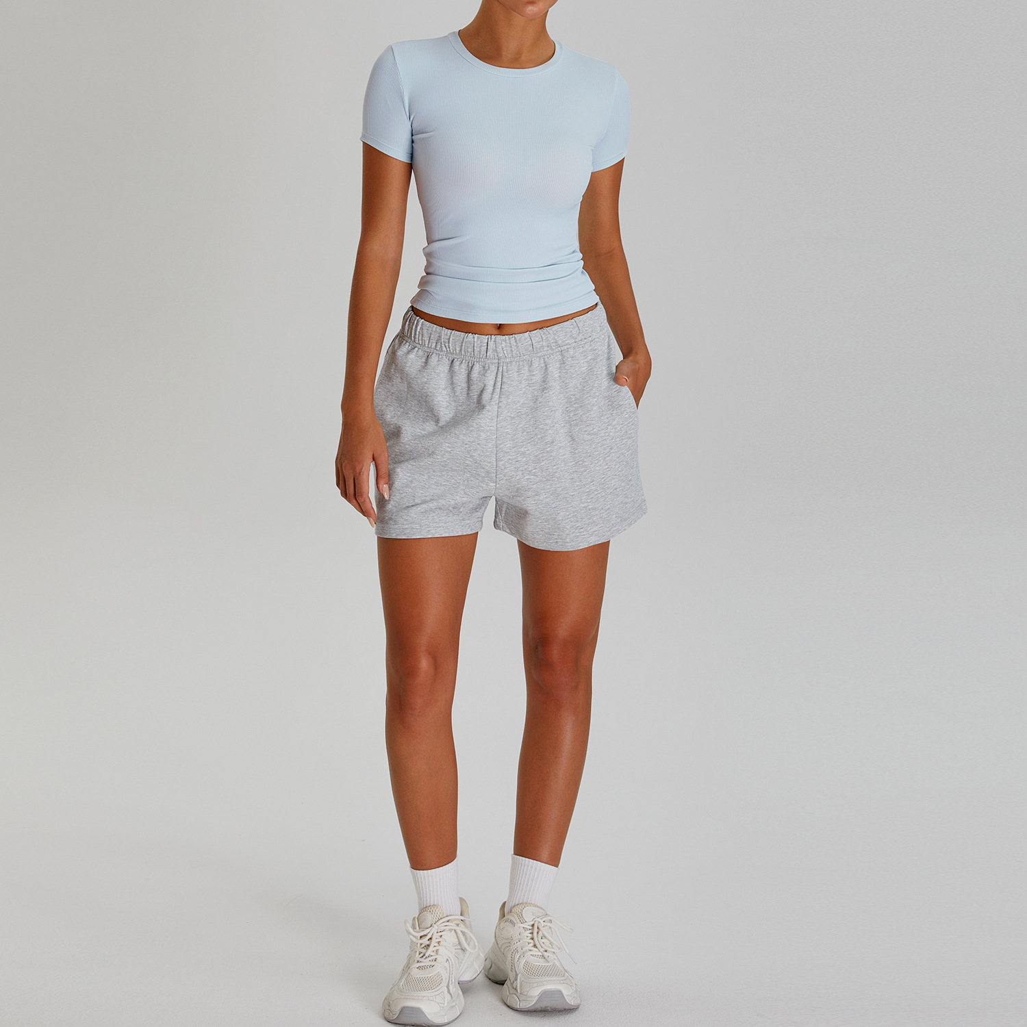 Traje de yoga ajustado transfronterizo, hilo fino, hombro, manga corta, pantalones casuales para correr de todo fósforo, traje deportivo de fitness para mujer image 11
