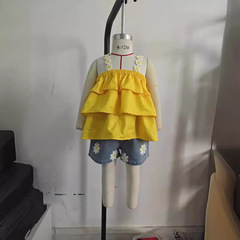 2024夏季新款嬰幼女童甜美吊帶蛋糕上衣雛菊印花牛仔短褲兩件套夏