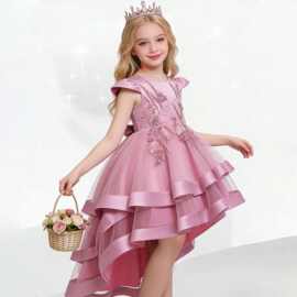 跨境新款儿童礼服公主裙女童拖尾走秀婚纱晚礼服重工刺绣连衣裙夏