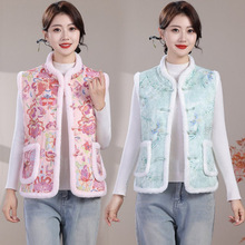 中老年保暖百搭显瘦上衣大码加绒加厚马夹冬款民族风印花坎肩背心