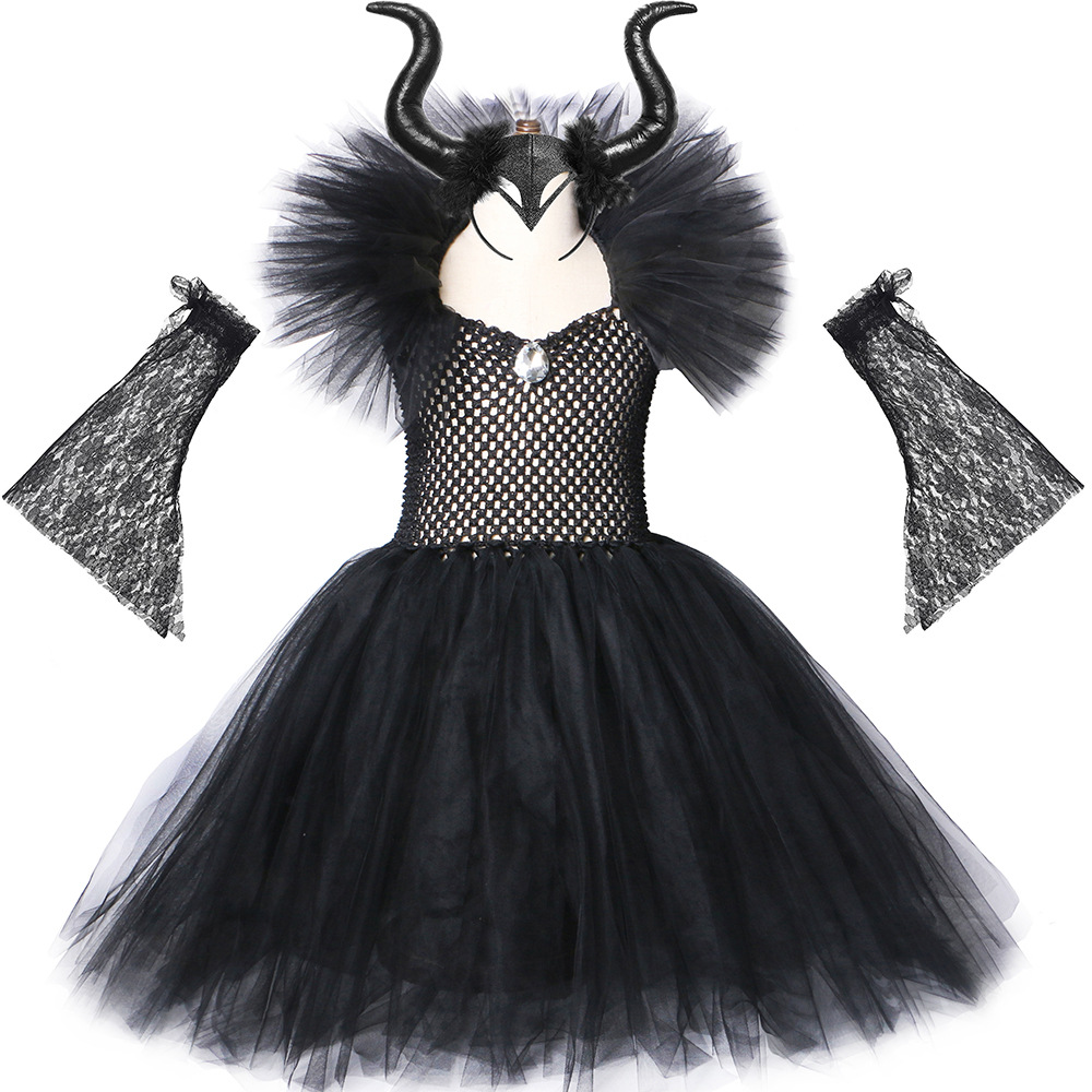 Ropa para niñas, vestido de bruja, traje de fiesta de Halloween para niños, disfraz de Maléfica, vestido femenino, falda de malla_voghion.com