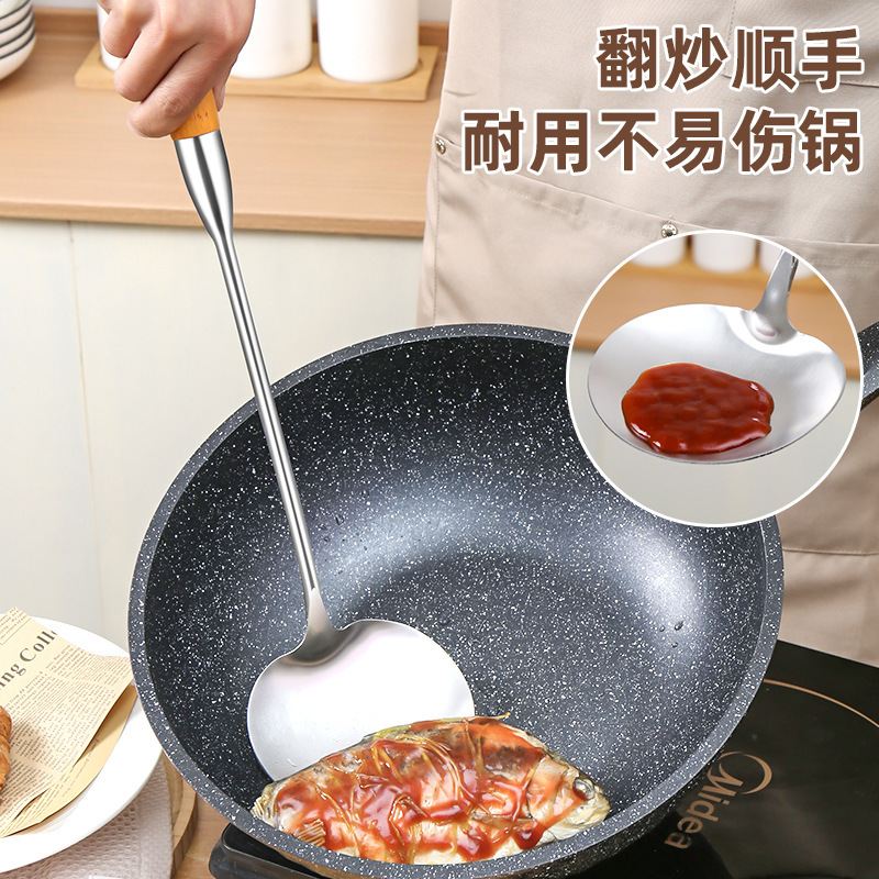 316 ステンレス鋼のフライパンスプーン肥厚クッキングスプーンスパチュラ食品グレードの家庭用キッチン用品木製ハンドルスパチュラセット鉄スパチュラ|undefined