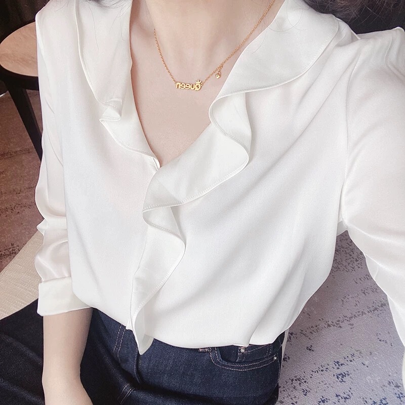 in stock manufacturers wholesale wood ear ruffled V-neck elegant gentle temperament shirt top 2 colors