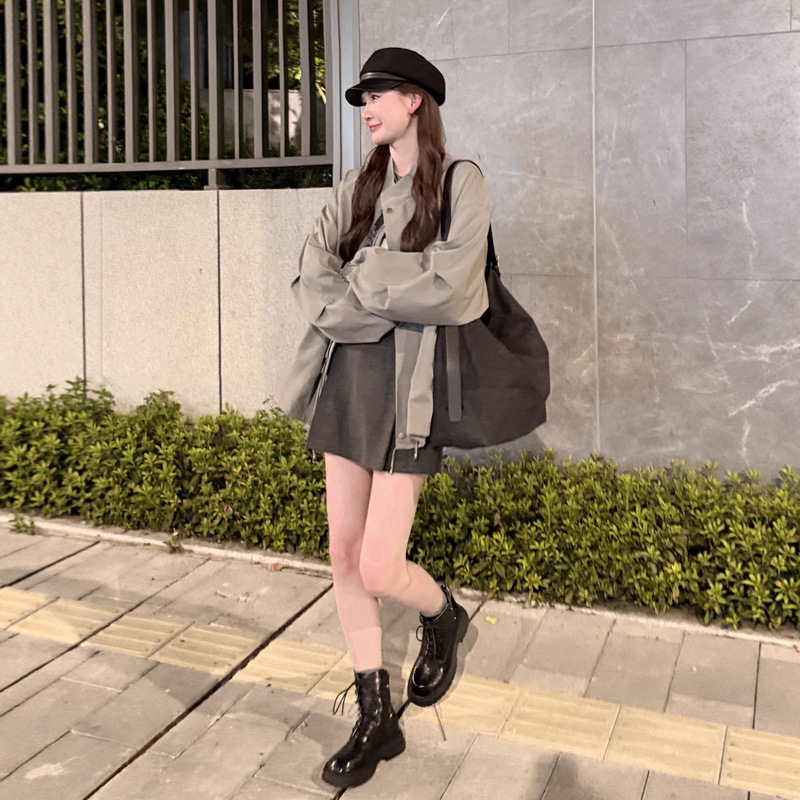 韩系高级感抽绳立领风衣外套女秋冬季2025新款小个子夹克短款上衣|undefined