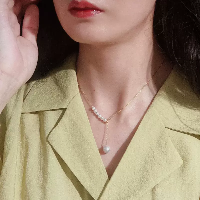 18K金珍珠项链 au750彩金天然淡水珠项饰时尚百搭可调节y字锁骨链