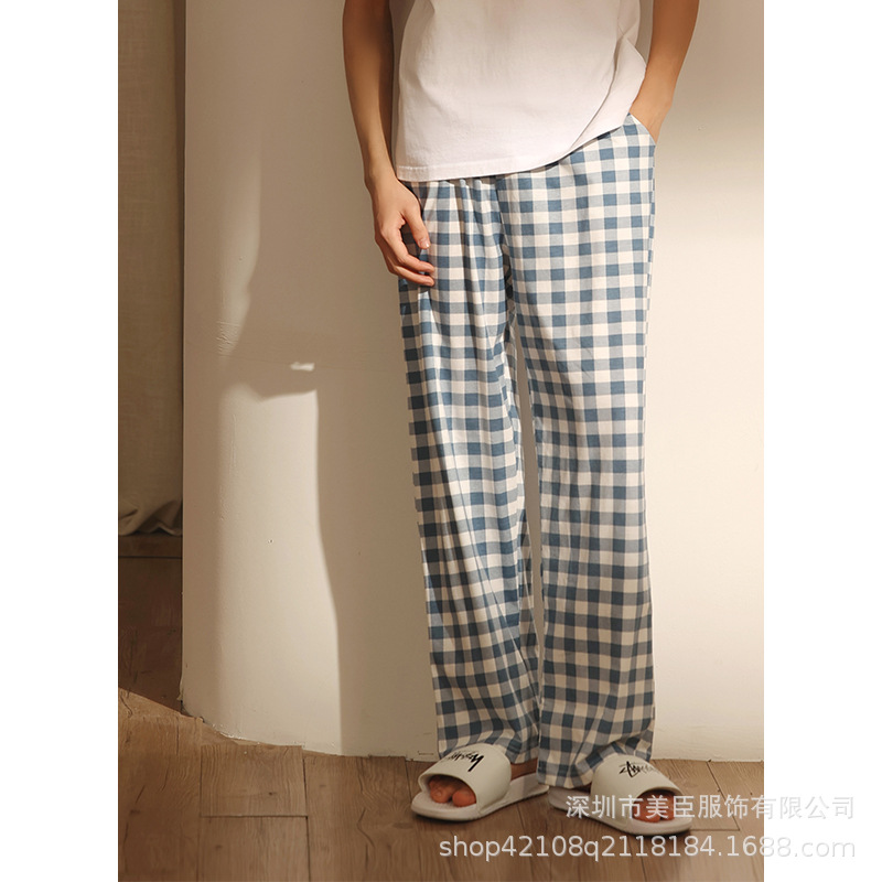 Single Pajama Pants Men's Pure Cotton Pants Spring and Autumn Summer Thin Home Pants Straight Loose Outer Wearable Plaid Home Pants