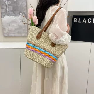 彩虹条纹草编包包女士2025新款沙滩海边度假大容量单肩手提托特包