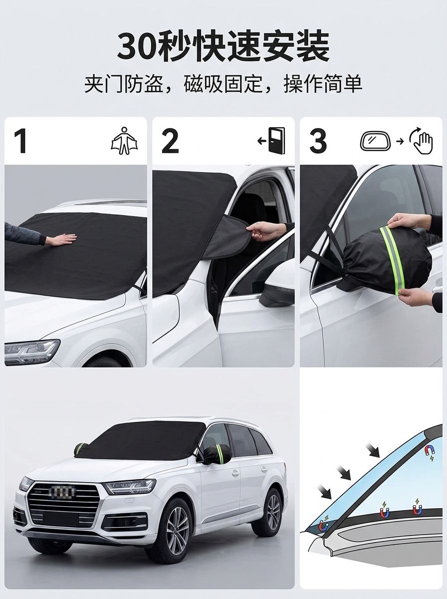 Car snow cover for front windshield, thickened windscreen, anti-freeze magnetic 600D Oxford cloth snow cover, car cover