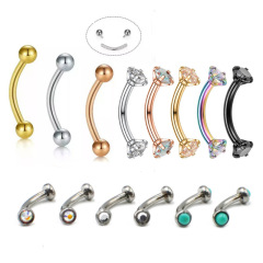 Stainless Steel Piercing Jewelry: Australian Opal & Zircon Round Ball Inner-Threaded Circular Eyebrow Studs with Curved Shanks