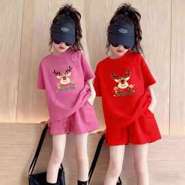 女童圣诞主题套装夏款麋鹿印花短袖 T 恤 + 短裤两件套节日休闲宽