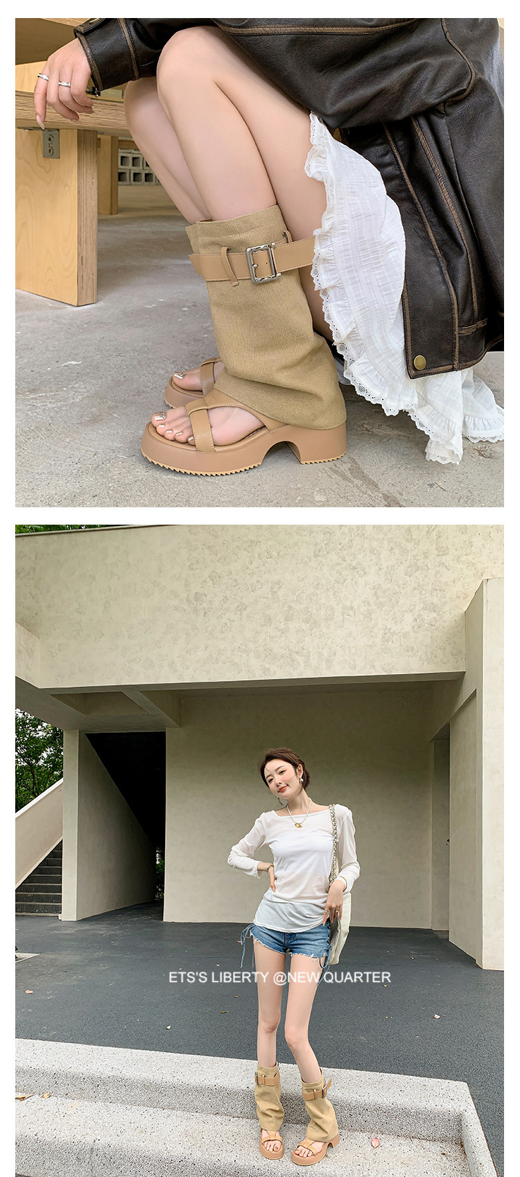 Sandal cao gót hở mũi nữ đế dày gót vuông, quai thắt lưng da bò — Màu đen chi tiết 14