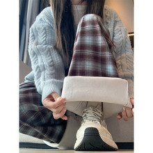 复古格子高腰抽绳阔腿裤女2024秋冬加绒宽松显瘦时尚直筒休闲长裤
