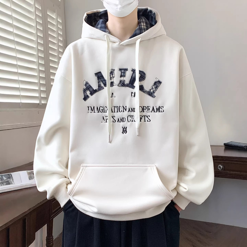 2026 New Style Hooded Sweatshirt with Plaid 3D Embroidery for College Students, Spring Pullover Long-Sleeve Trendy Men's Fashion