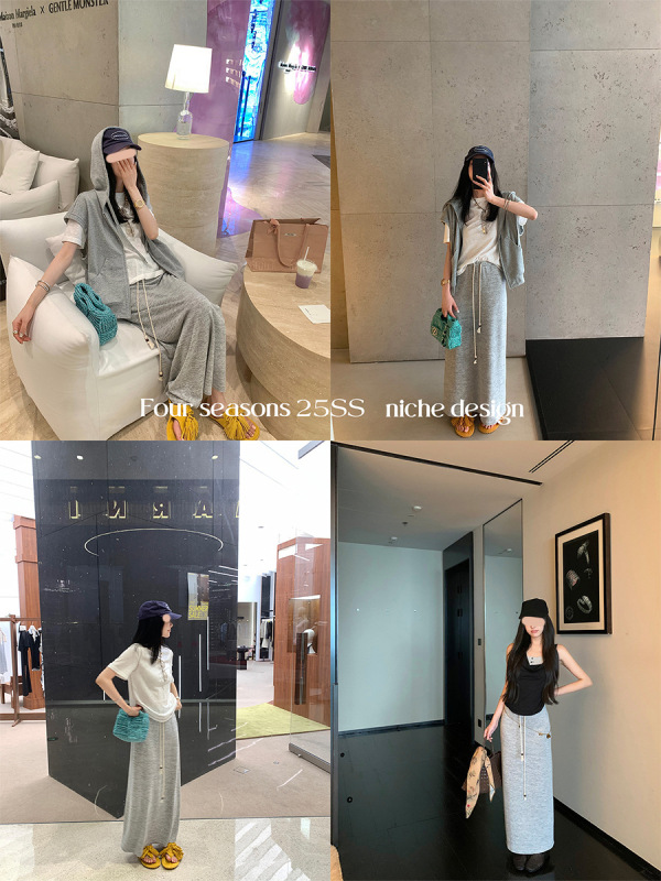 区区欧阳 混纱针织半身裙女夏季新款高腰显瘦复古中长款直筒裙子|undefined