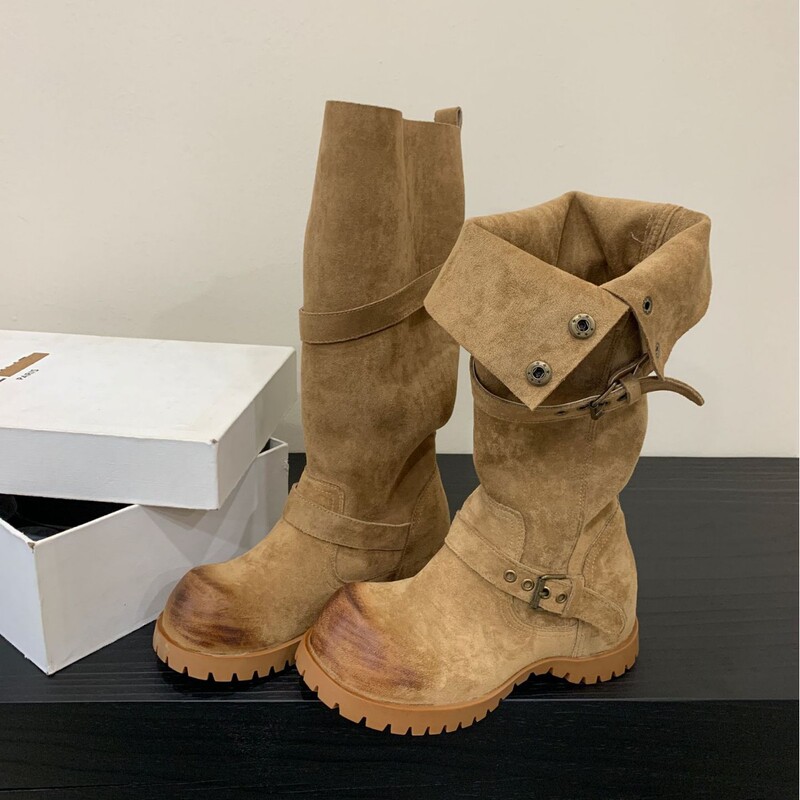 New vintage distressed western cowboy boots for women, thick-soled, buttoned, stacked high boots, Maillard autumn and winter versatile long boots