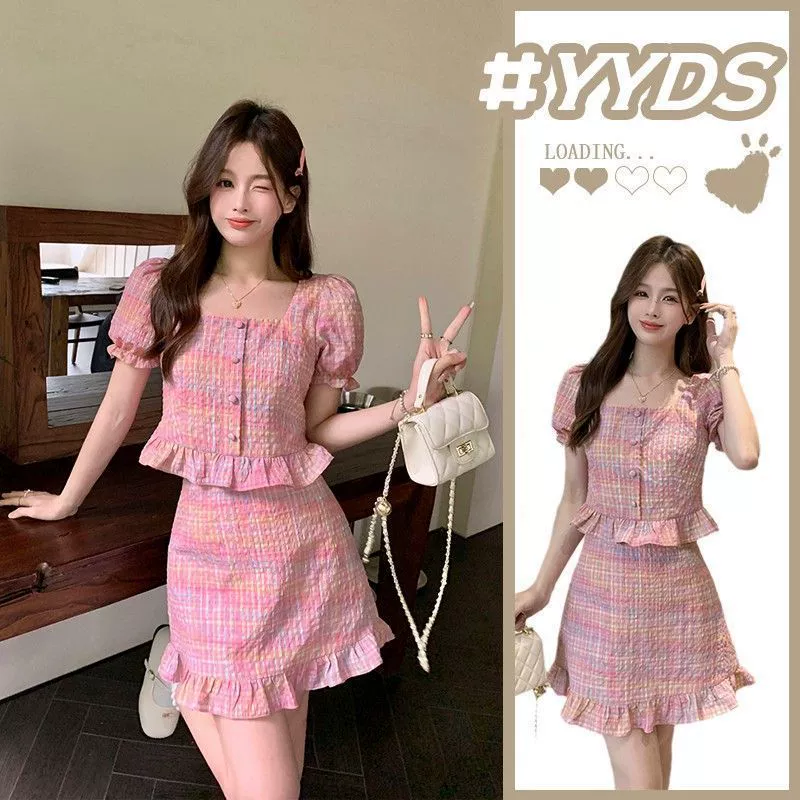 Плюс сайз розовый короткий пуловер с пышными рукавами и клетчатой рубашкой, комплект из двух предметов с юбкой с рюшами для женщин