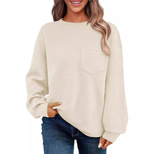2025 Women's Knit Embroidered Long-Sleeve Round Neck Pocket Sport Top Casual Loose Hoodie Sweatshirt