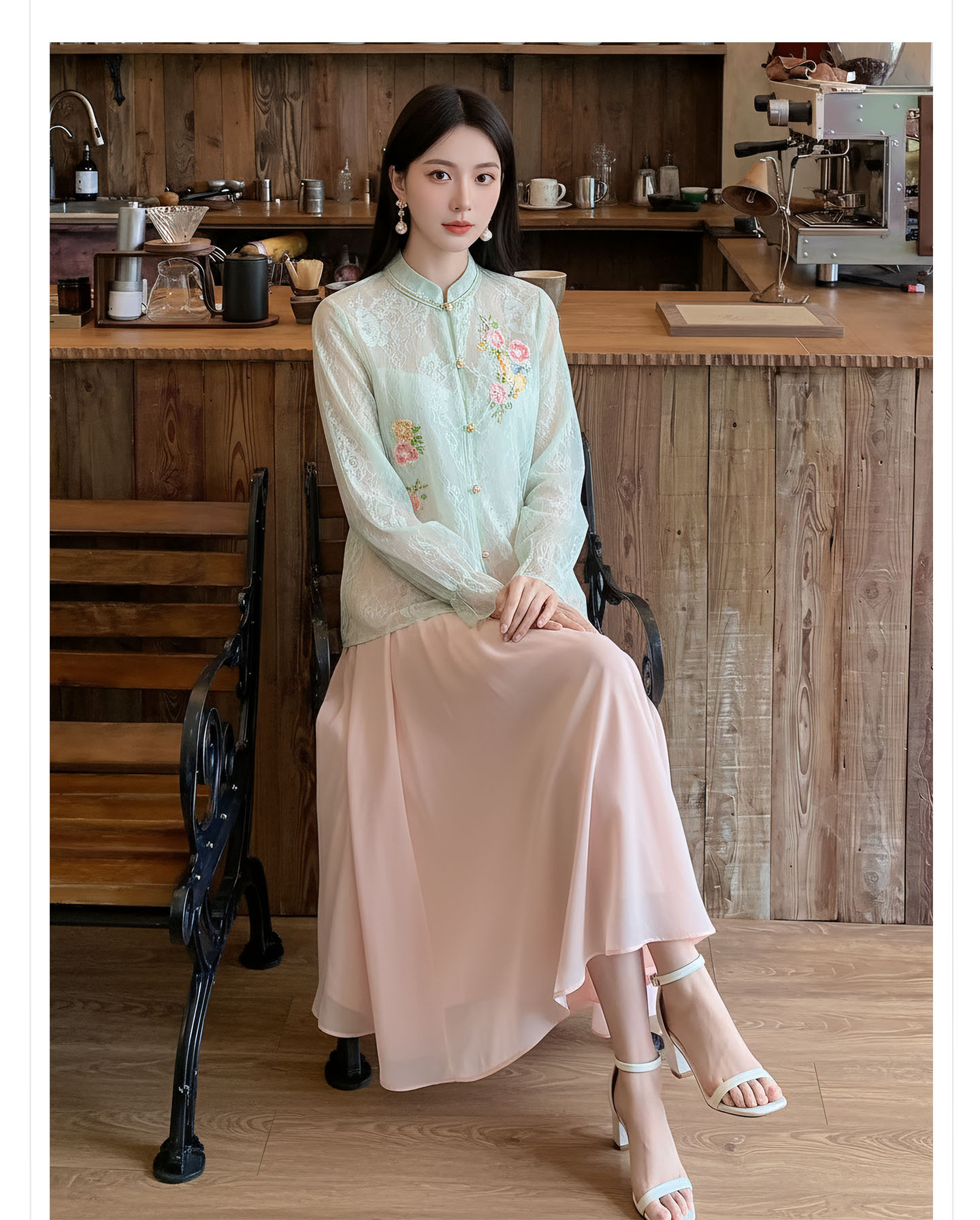 Bộ áo khoác và chân váy thêu hoa tơ tằm cao cấp phong cách Tân Trung Hoa — bộ đồ, nửa váy, áo khoác chi tiết 2