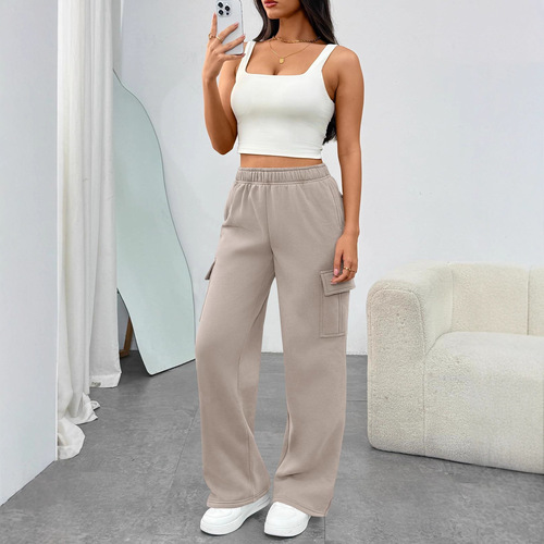 Amazon Cross-Border New Fall High-Waisted Wide Leg Work Pants Long Pants with Pockets Women's Sports Pants Loose Pants for Europe and America