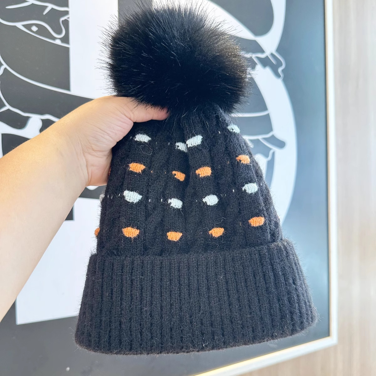 Cappello invernale da uomo e da donna in lana, caldo, spesso, con fodera in pile, alla moda, versatile, all'ingrosso, a pois, in maglia jacquard._voghion.com