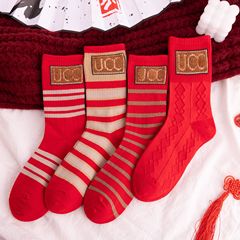 羽毛紗紅襪子女襪新年禮品襪高顏值簡約長筒襪本命年百搭潮流棉襪