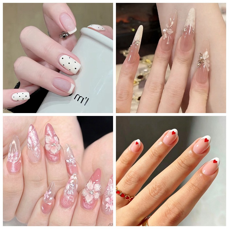 爆款穿戴甲短款奶白法式波点美甲假指甲可拆卸猫眼花朵欧美ins风