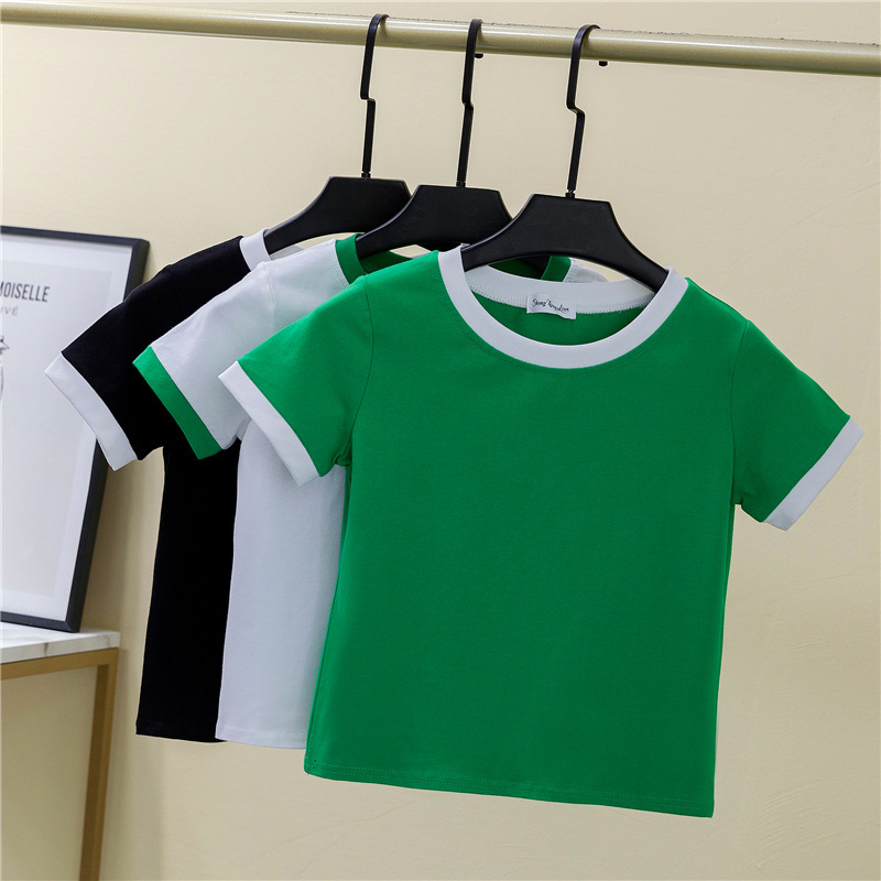 Short T-shirt Women's Summer Korean-style Cotton Short-sleeved Navel Leaky Base Shirt Round Neck Contrast Tight High Waist Navel Top