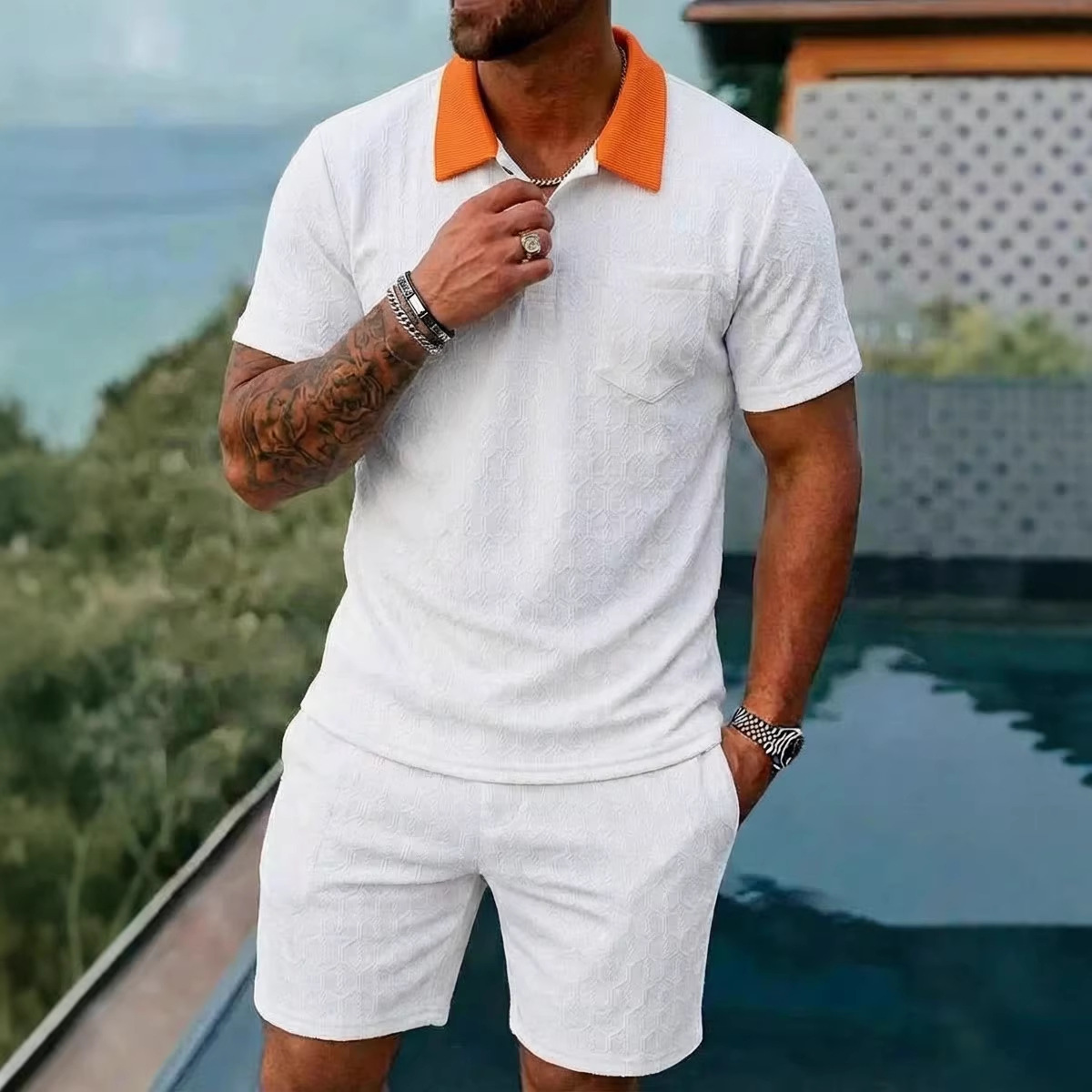 Men's Clothing Summer Fashion Breathable Color Blocked Pocket Short Sleeved Shirt Sports_viptrois.com
