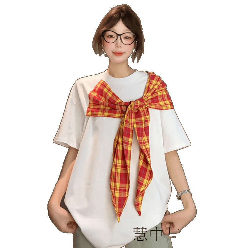 美式复古格纹蝴蝶结短袖T恤女夏季设计感小众宽松慵懒风半袖上衣|undefined