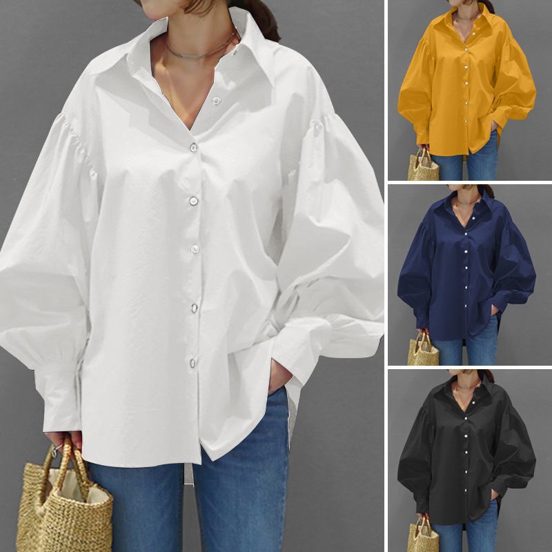 Casual Shirt Casual Lantern Sleeve Lapel Top 2023 Vintage Solid Color Top Women Office Lady Blouse