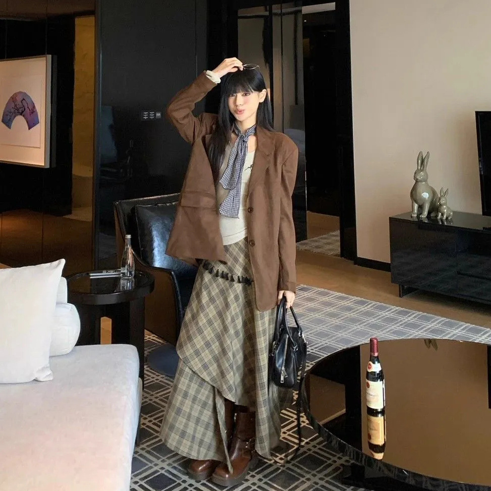 原版品质三件套女复古秋冬新款西装麂皮外套打底上衣格纹半身裙