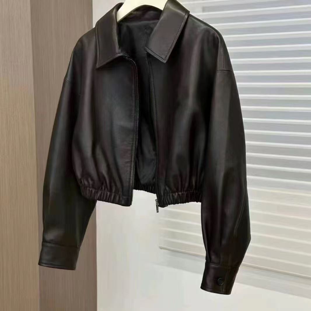 Black Soft Leather Spring Jacket for Women 2026 New Style Square Collar Niche Design Motorcycle Zipper Short Leather Jacket Trendy