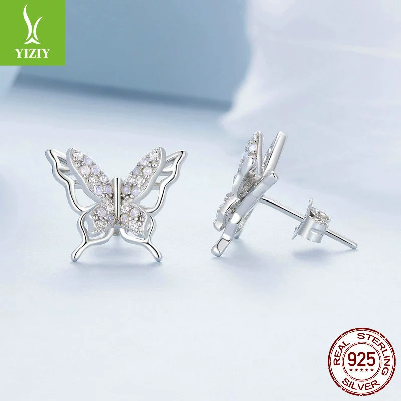 Серьги-гвоздики бабочки (YIZIY) BSE910, 925 серебро с инкрустацией наноопала и циркония