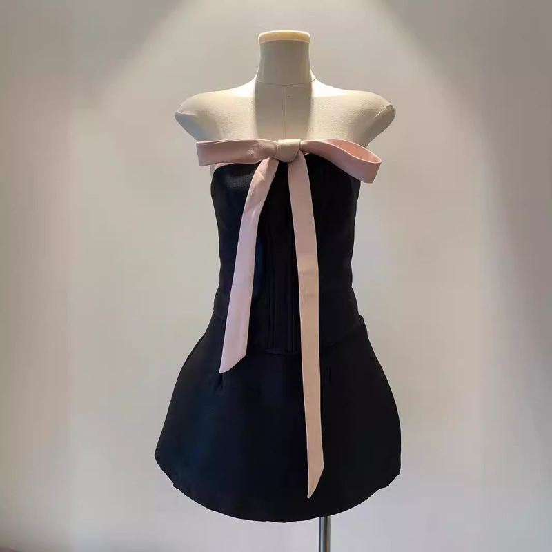 in stock Vietnamese Niche Design Pink Bow Tie Black Strapless Top Flesh-Covering Slimming Skirt Two-Piece Set