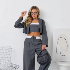 2025春の新型越境欧米の外国貿易の婦人服の袖なしの純色のワイドレギンスの気質の通勤のファッションのスーツ