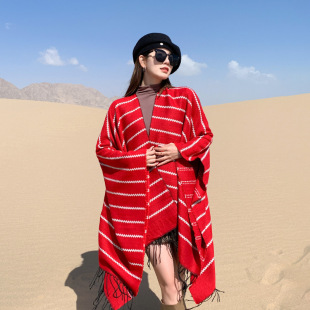 Ethnic Style Striped Slit Scarf, Warm and Comfortable Scarf, Breathable Cloak, Outdoor Leisure Outer Travel Shawl Cloak