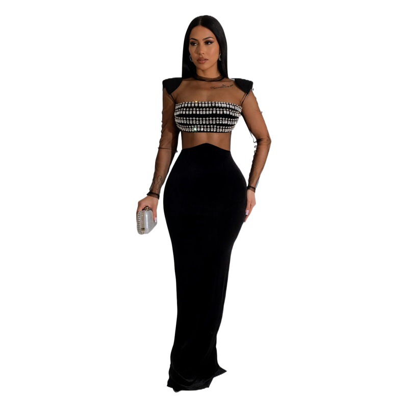 C6823 transfronteriza AliExpress Amazon moda europea y americana de las mujeres de color sólido de malla rhinestone Vestido de manga larga vestido