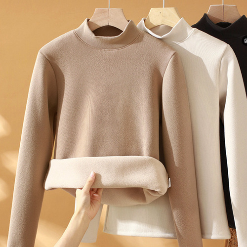 Anna's Wonderful Autumn/Winter Coconut Fiber Fleece Lined, Thickened Collarless T-shirt for Layering or Wearing Alone, Slimming, Comfortable, and Warm for Women