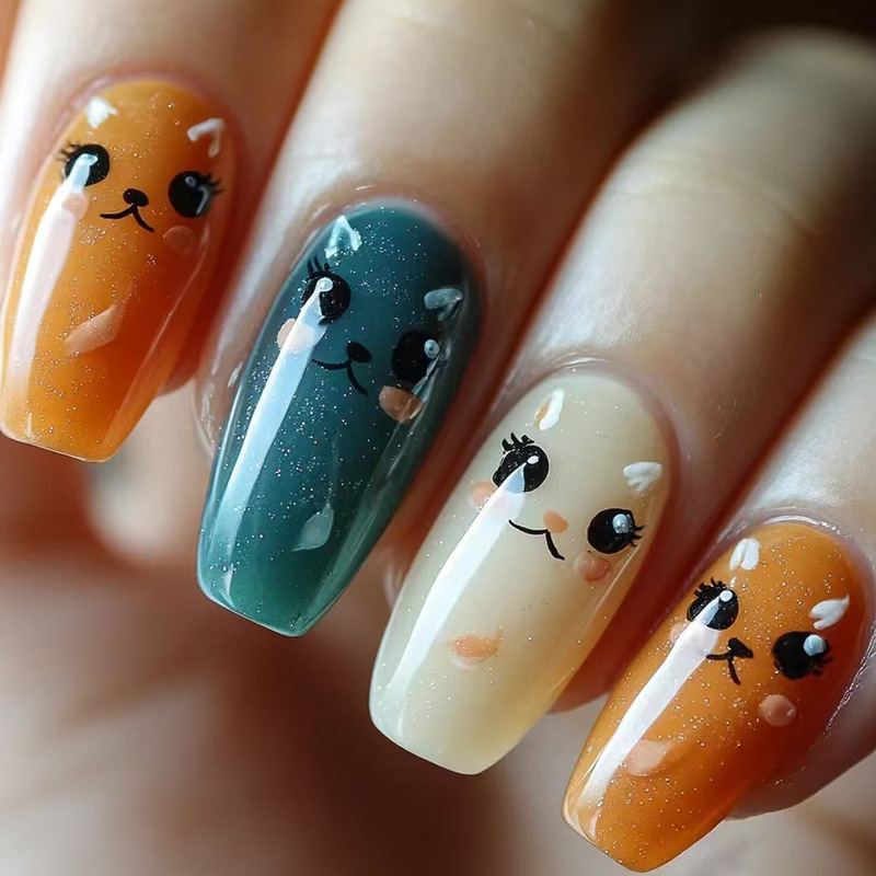 Light Luxury Design Wearable Cat Eye Kitty Handmade Pre-Made Manicure Short Student Nail Patch Reusable