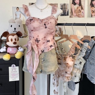 2046#Hot Girl Camisole Lace Top Bow-knotted Pure Desire Butterfly Ribbon Vest Looks Slim and Slim