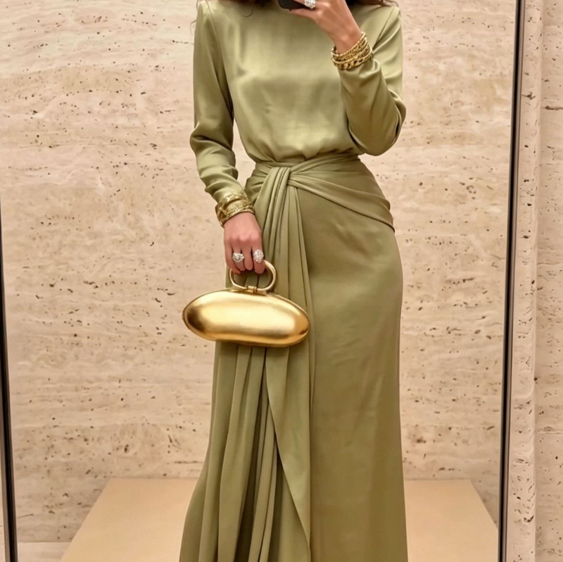 Spring 2026 European and American Amazon Cross-Border Matcha Green Satin Waist-Cinching Long Dress Spring 2026 European and American Amazon Cross-Border Matcha Green Satin Waist-Cinching Long Dress