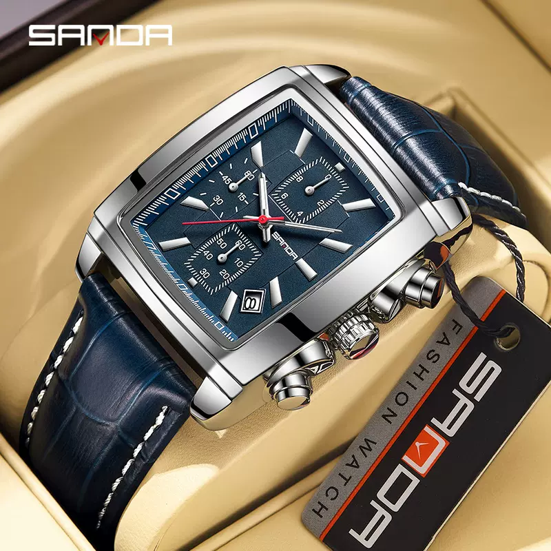 三达SANDA手表 复古时尚方形男石英表多功能防水日历男士皮带腕表