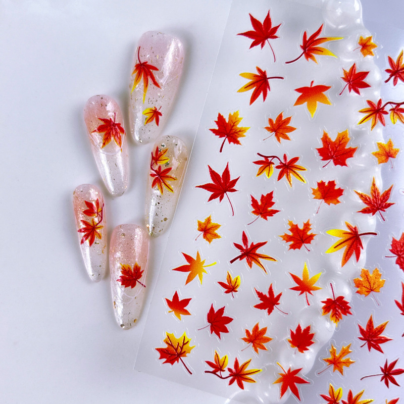 跨境ins风秋季氛围感红枫叶美甲贴纸5d浮雕感恩节狐狸树叶指甲贴|undefined