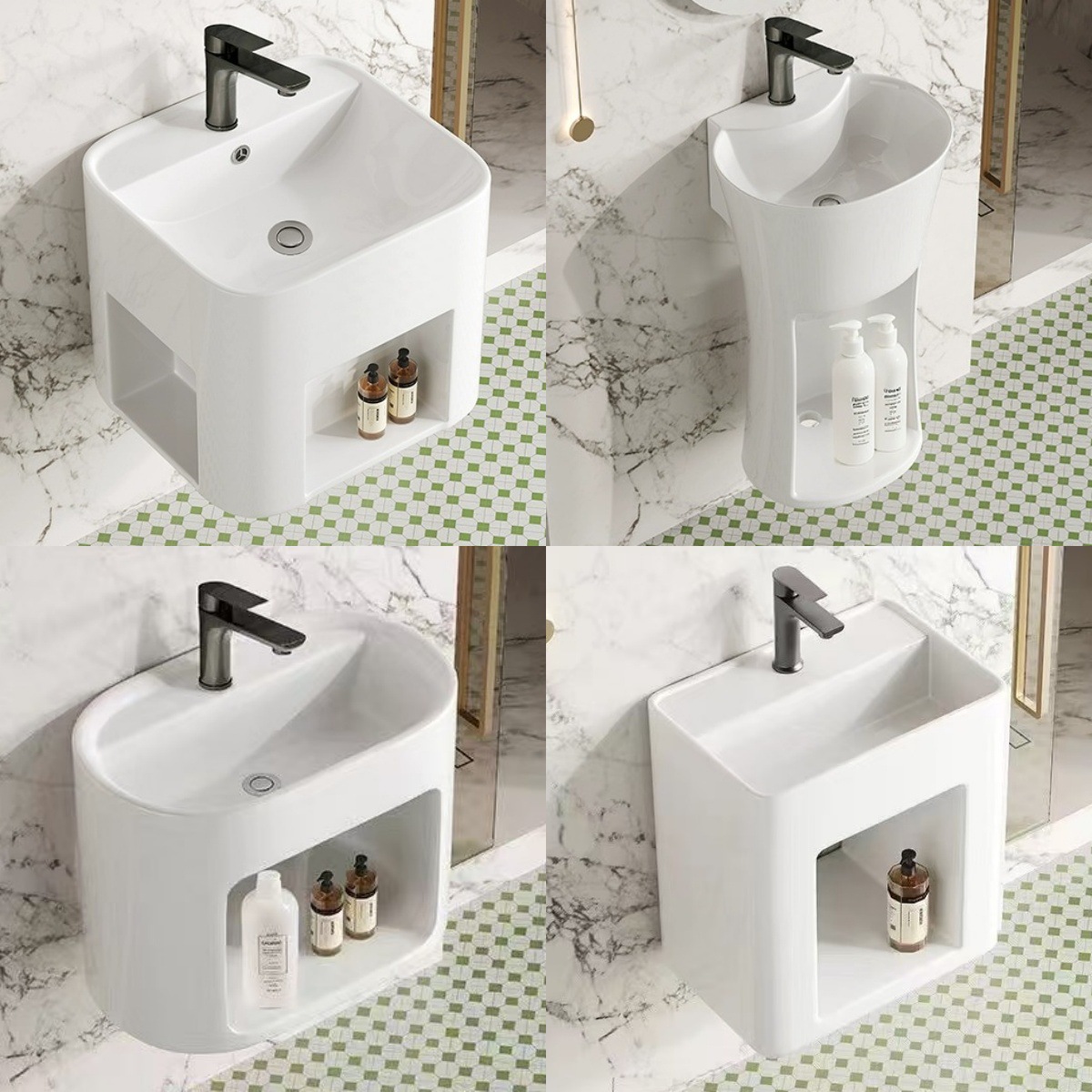 Lavabo de pared para apartamento pequeño, lavabo de cerámica integrado, balcón de baño con compartimiento de almacenamiento, lavabo