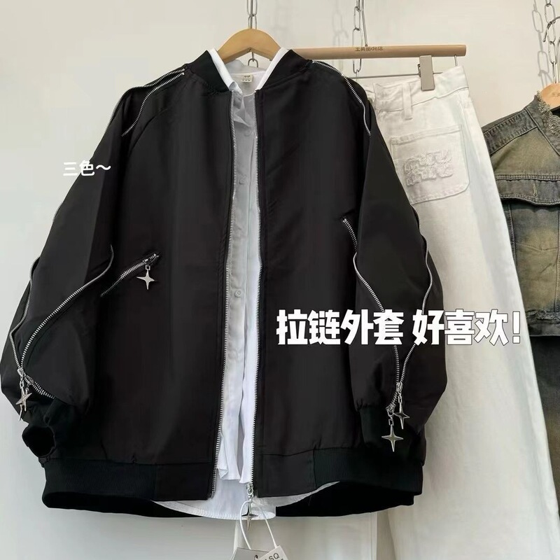 Sweet and cool style, asymmetrical zipper jacket for women, spring trendy loose casual couple's stand-up collar bomber hip-hop jacket