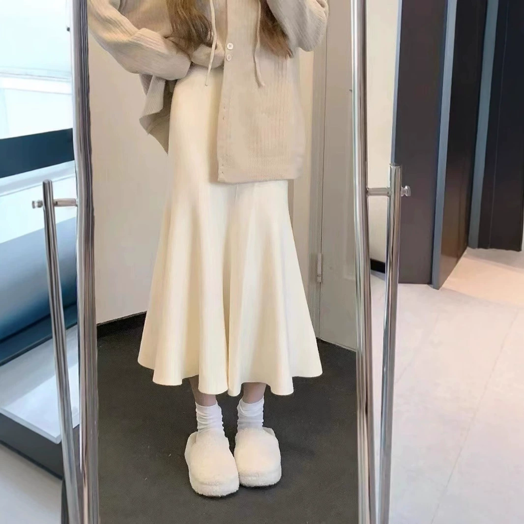 Новая осенне-зимняя элегантная вязаная юбка в нежном стиле с высокой талией, Женская Универсальная юбка-трапеция для похудения, юбка-годе