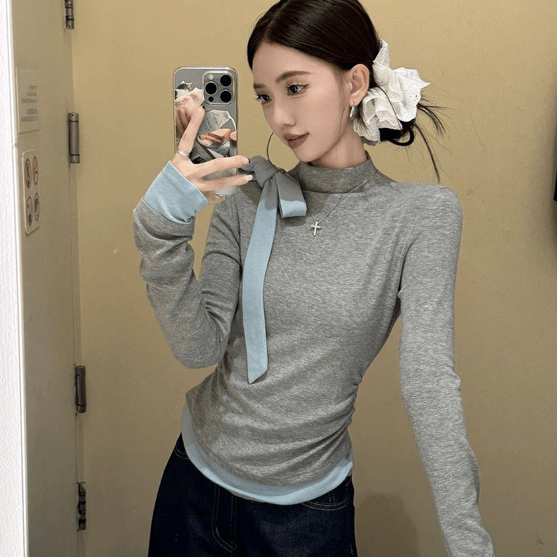 半高领长袖T恤女韩版秋冬内搭打底衫蝴蝶结拼接假两件修身上衣女